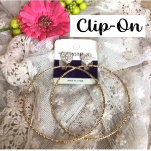 Crystal Rhinestone Gold-tone Bling Sparkle Heart Hoop Dangle Clip-On Earrings